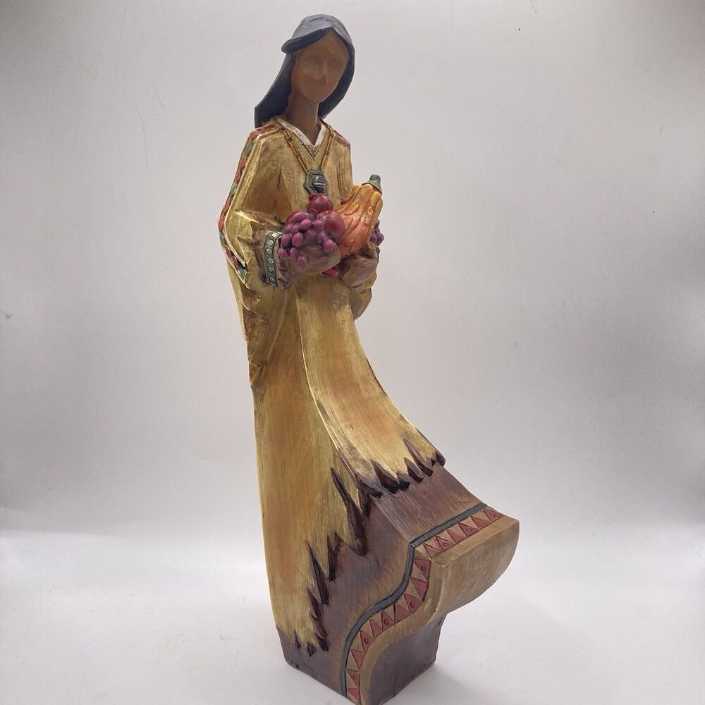Vintage Carved Wood Look Indian Woman Basket of Fruits. Harvest Thanksgiving